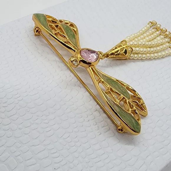 Avon Dragon Fly Gold & Faux Pearl Brooch Pendant - Picture 9 of 17